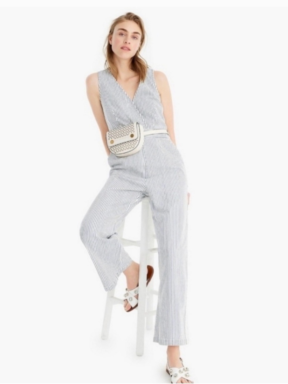 Sleeveless V-Neck Striped Jumpsuit in Light Blue